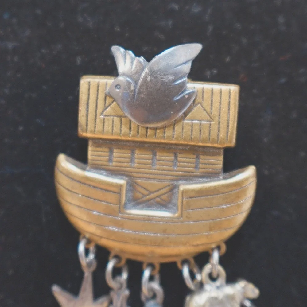 Vintage Noah's‎ Ark Brooch or Pendant Bronze & Silver Tone 4 inch Dangle Jewelry